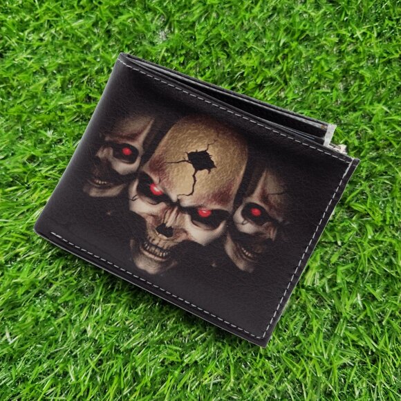 Three Skull Bifold Wallet for Men, Vegan Leather Printed Wallet - Picture 5 of 6